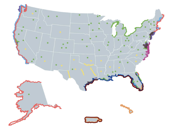 NOAA map showing the regions of the United States affected by different types of harmful algal blooms (HABs)