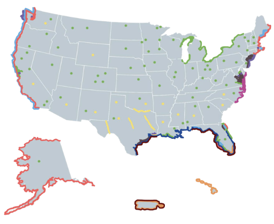 NOAA map showing the regions of the United States affected by different types of harmful algal blooms (HABs)